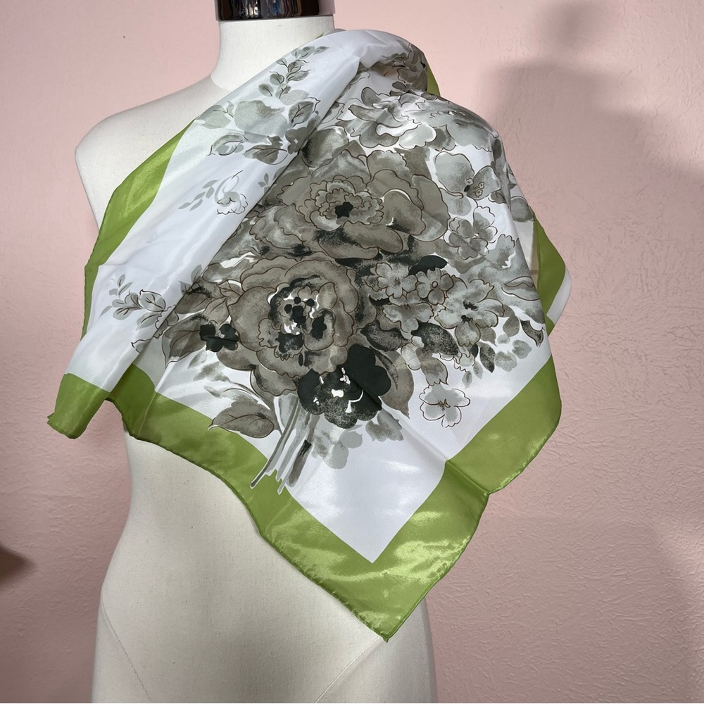 Vintage Cottagecore Floral Avocado Green Grey Small square neck scarf